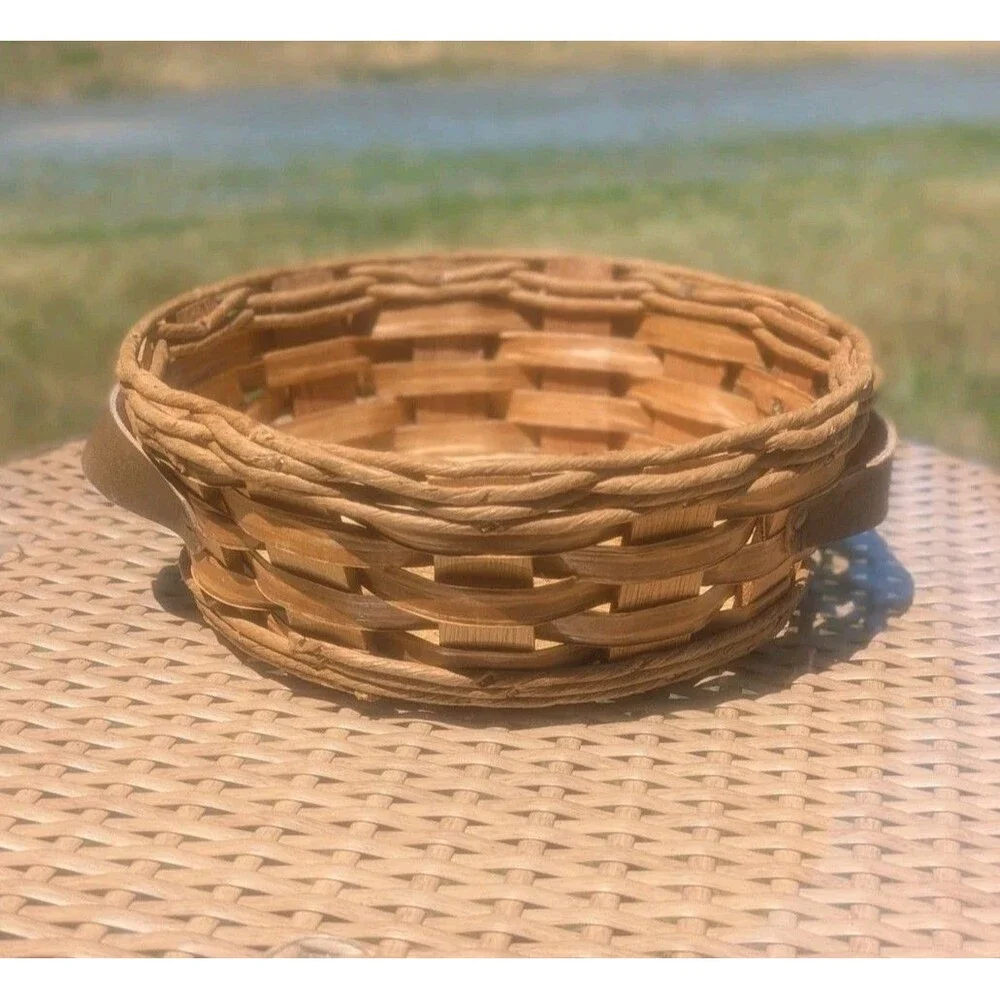 Vintage Pyrex‎ Corning Wicker Casserole Basket Cradle Round Leather Handles